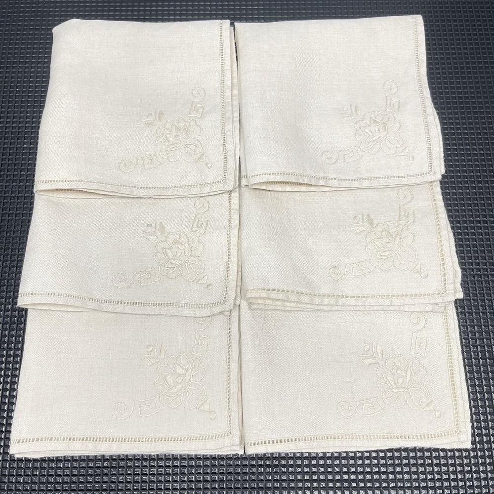 Vintage Fine Linen Napkins Hand Embroidered Floral & Ladder Work Hems Set Of 6